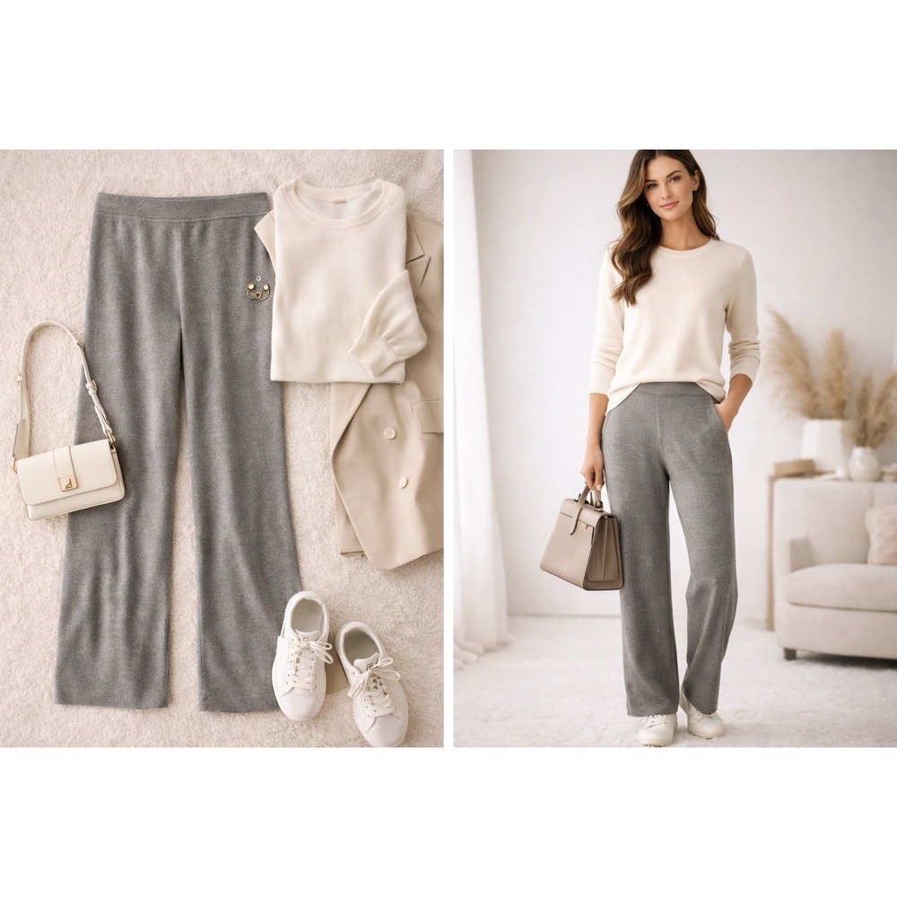 Gray Cashmere‎ Blend Knit Pants Size L Soft Lounge Pull On Wide Leg Sweater